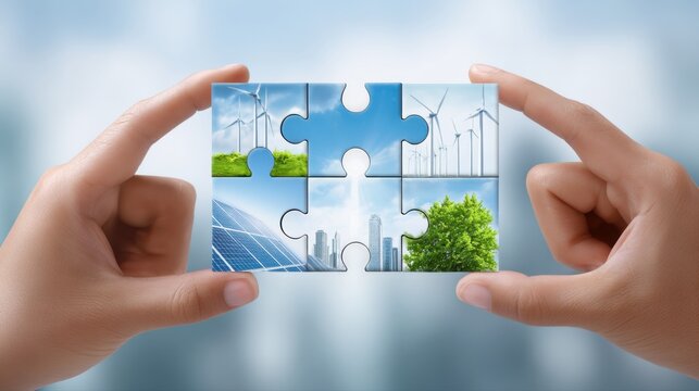 Energy Transition concept. A pair of hands holds a puzzle piece depicting renewable energy sources like wind turbines and solar panels against a blue sky. - Powered by Adobe