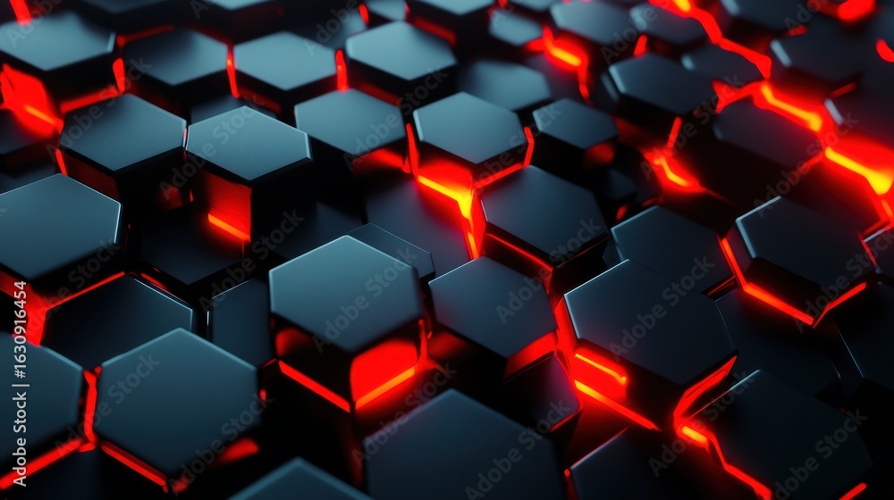 Poster abstract dark hexagonal geometric pattern with glowing red energy lines emanating from the depths cr