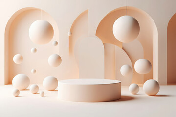 Fototapeta premium Minimalist easter egg display with arched backdrop and podium