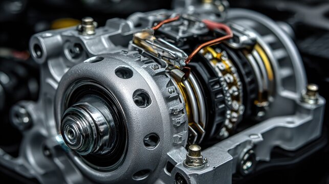 Detailed Close-up of Automotive Alternator with Metal Components and Wiring in Industrial Setting