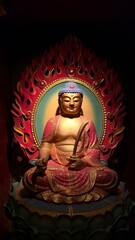 Fototapeta premium Singapore, Buddha Tooth Relic Temple - 5 July 2025. A vivid statue of a seated Buddha with a curved sword is surrounded by a flame motif and ornate lotus pedestal.
