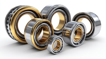 Close-Up View of Various Precision Bearings Featuring Silver and Gold Accents for Industrial Applications