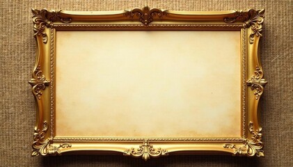 Ornate gold frame, empty parchment, burlap background, display, old