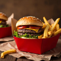 Juicy Double Cheeseburger with Melted Cheddar and Golden Crispy French Fries Served in a Bright Red Tray