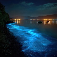 A stunning nighttime view of a glowing bioluminescent bay.