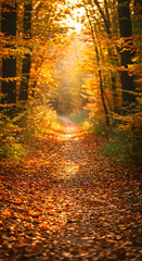 Forest path covered in golden autumn leaves with soft sunlight filtering through the trees