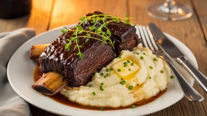 Delicious braised short ribs with mashed potatoes and gravy, plated.