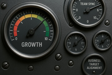 Business target alignment concept with growth meter and team sync gauge on industrial control panel for success