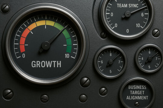 Business target alignment concept with growth meter and team sync gauge on industrial control panel for success