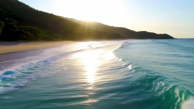 Sunrise over a tranquil beach, with gentle waves lapping the shore