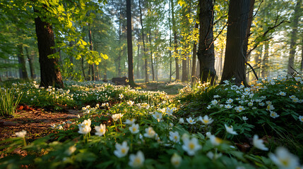 Sunlit Spring Forest with White Flowers