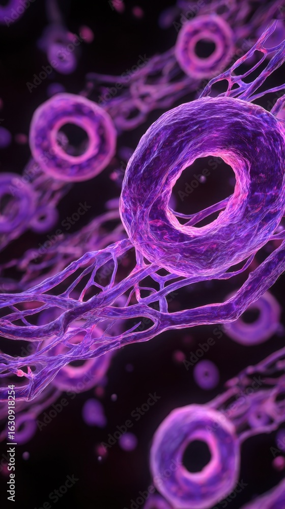 Poster abstract scientific rendering of fluid purple enzyme activity targeting and breaking fibrin crosslin