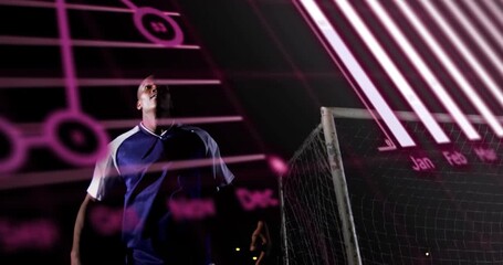 Male player reacting to code lines and bars, heading ball, teammate joining sports analytics drill - Powered by Adobe