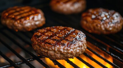 Juicy grilled beef patties with beautiful char marks cooking on a hot barbecue grill with flames licking the meat
