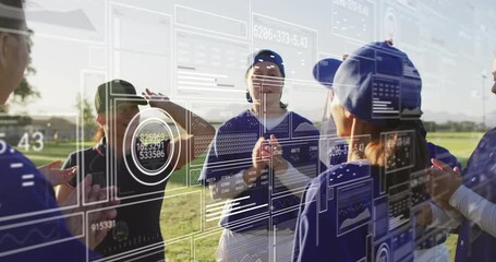 Baseball coach gesturing to start stats overlay while players clapping high-fiving celebrating win - Powered by Adobe
