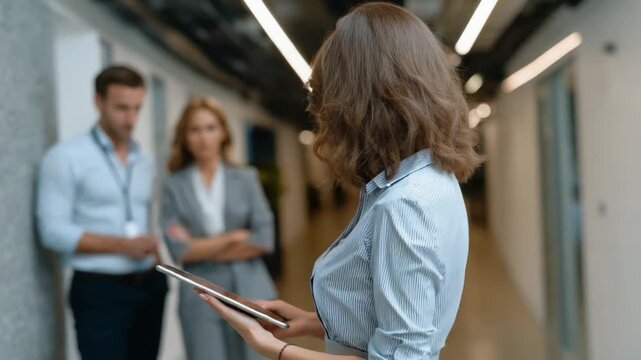 Corporate Conclave: A woman in a professional setting utilizes a digital tablet, her colleagues engaged in discussion. The image captures a moment of modern business communication and collaboration.