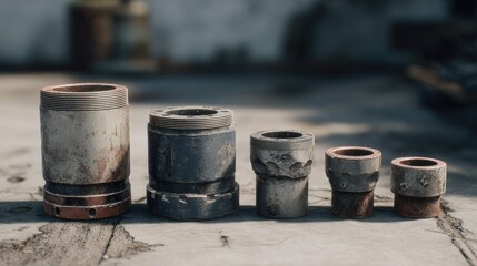 Naklejka premium Rusty and Weathered Metal Pipes and Fittings Arranged on Industrial Surface