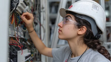 Young woman in hardhat working on electrical panel