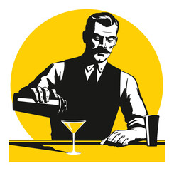 Vintage Bartender Mixing Cocktail Art with Yellow Background Design