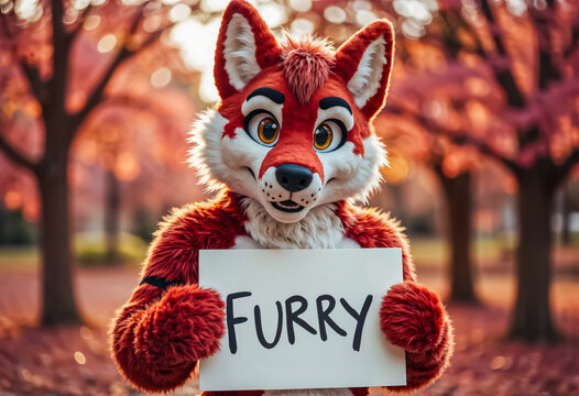 Red Fox Fursuit Character Holding ‘Furry’ Sign in Autumn Park. Diversity ed inclusion message. Unity, unicity, authenticity and identity. - Powered by Adobe