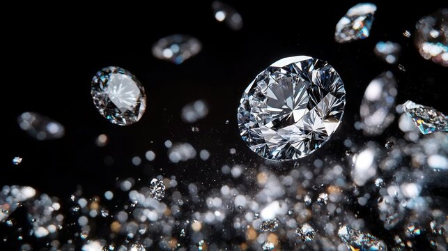 Sparkling clear diamonds falling and floating in a dramatic dark background with bokeh effect creating a luxurious and elegant feel