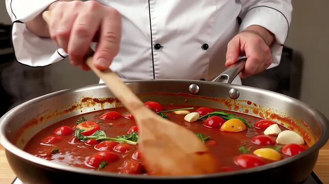 Professional chef stirring vibrant tomato sauce with fresh cherry tomatoes, garlic cloves, and herbs in a stainless steel pan