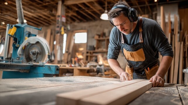 A carpenter equipped with protective earmuffs uses a tape measure clipped to a leather apron carefully aligning a plank on a table saw in a bright airy woodworking shop.