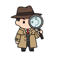 A stylized cartoon detective wearing a trench coat and fedora, intently examining something with a large magnifying glass.