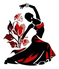 Fototapeta premium Elegant dancer silhouette with floral design in vibrant red and black