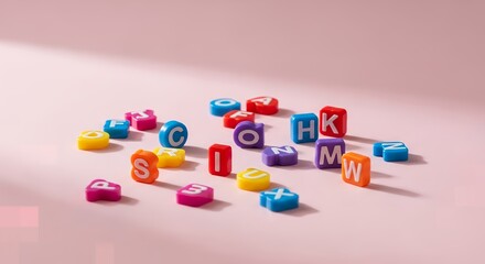 Colorful Alphabet Letter Blocks Scattered on Pink Background for Education and Learning Concepts
