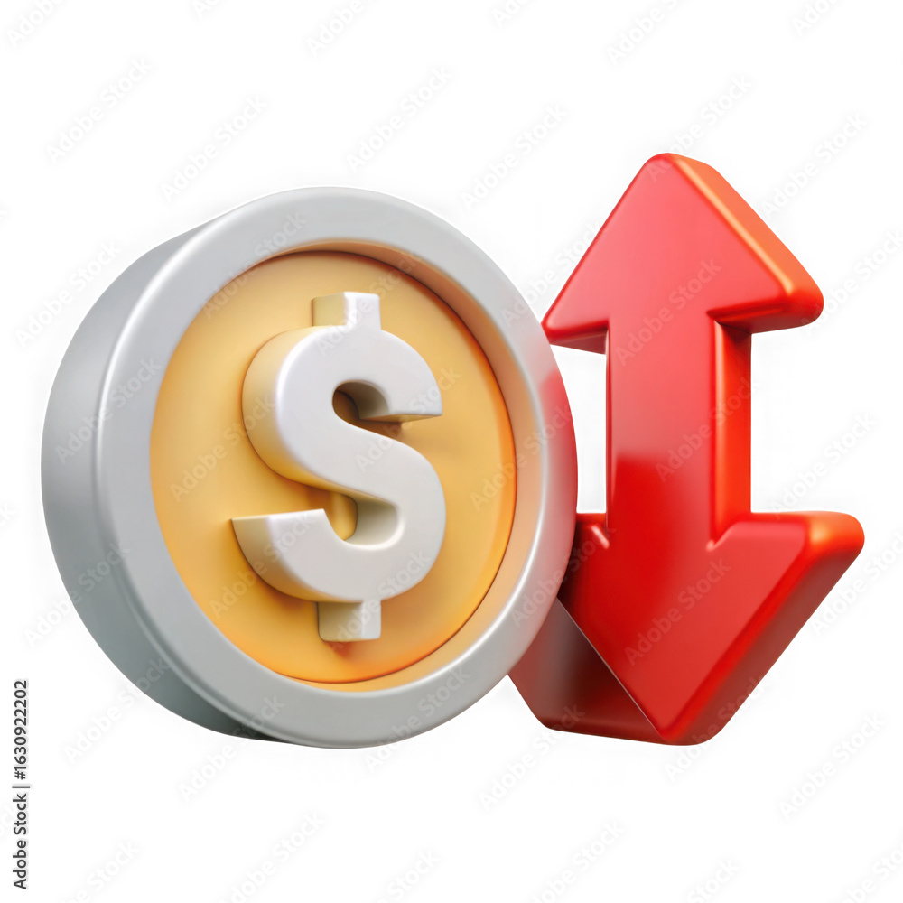 Aufkleber a 3d rendering of a dollar coin with a red arrow pointing both up and down indicating financial tren
