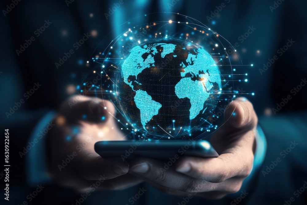 Poster close up of a person holding a smartphone displaying a glowing digital globe with interconnected dat