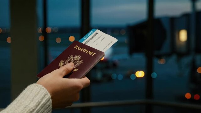Woman holding passport and boarding pass in airport terminal