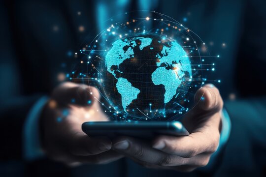 Close up of a person holding a smartphone displaying a glowing digital globe with interconnected data points and light trails