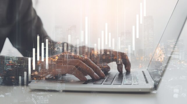 Laptop Work with Financial Charts & Cityscapes
