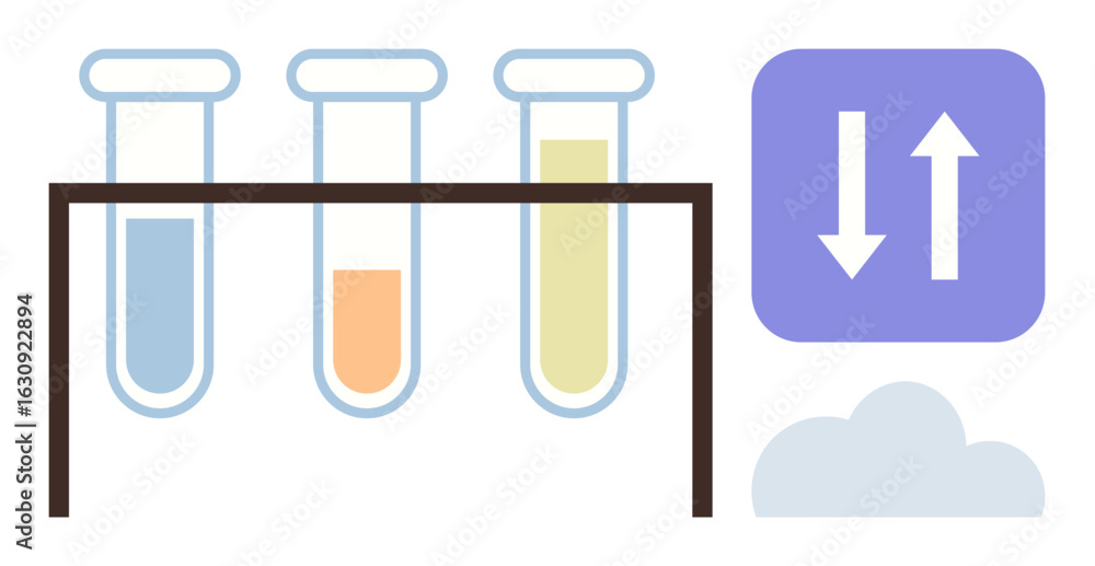 Poster three test tubes in a rack with varied liquid levels and colors, arrow icons suggesting data process