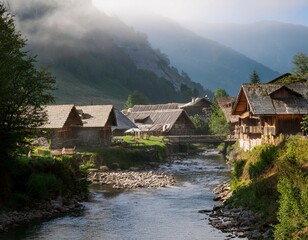 misty mountain village nestled by a serene river