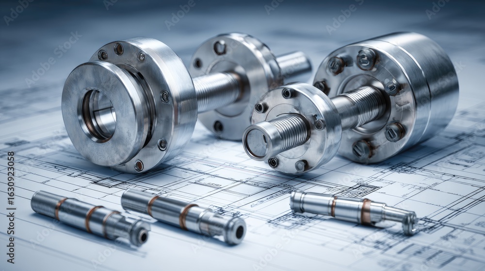 Poster precision engineering components on blueprint background for industrial design and manufacturing app