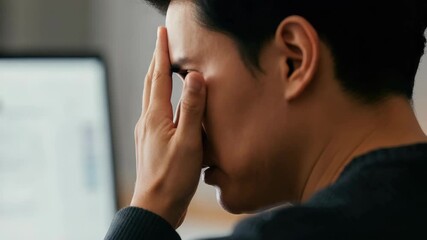 Man with headache or stress working on laptop