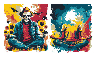 Surreal Meditation with Skull and Headless Figure in Vibrant Colors