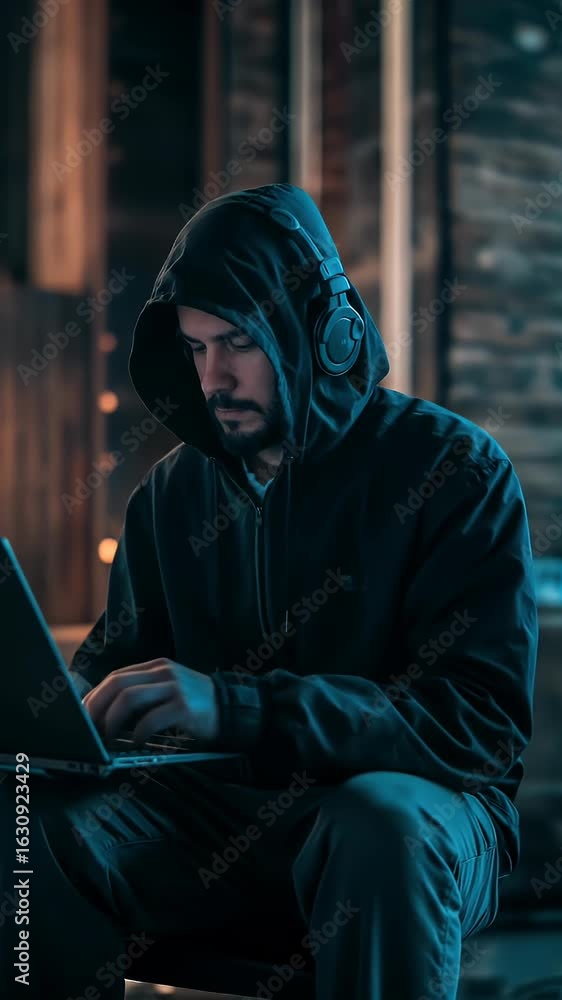 Poster focused man in hoodie using laptop cybersecurity hacker concept