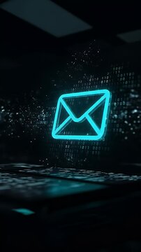 Futuristic Neon Email Envelope Glowing on Digital Background