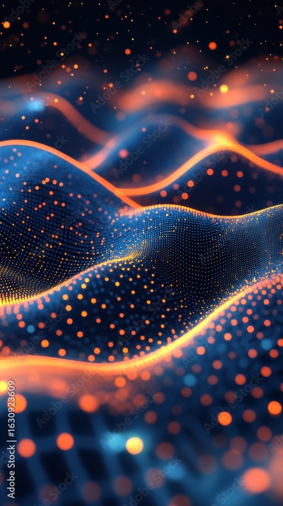 Poster abstract digital landscape with glowing waves and shimmering particles representing data flow and fu