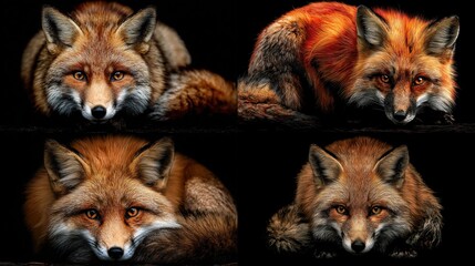 Fototapeta premium Quadruple portrait of a red fox, showcasing variations in fur color and lighting against a black backdrop. Each fox is posed similarly, lying down and gazing directly at the viewer