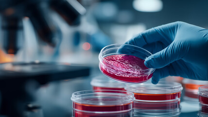 Gloved hand examines crimson cell culture within a petri dish beside a research microscope. Embodies rigorous biomedical exploration driving breakthroughs in regenerative medicine and microbiology.