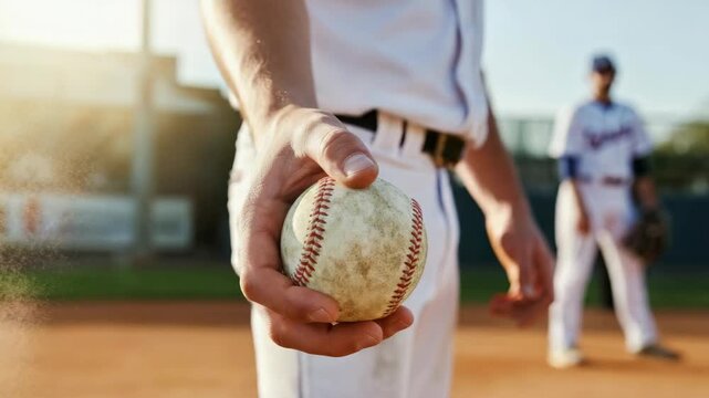 Close-up of player holding baseball on field