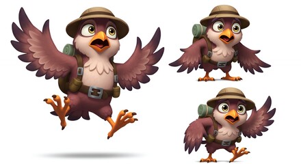 Obraz premium Cartoon bird explorer characters set of three