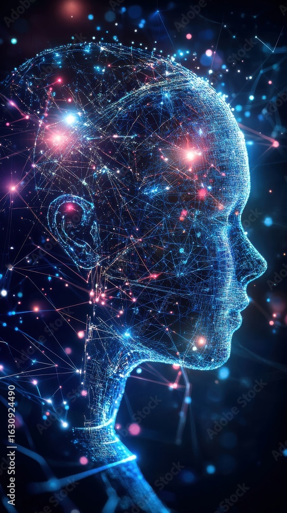 Poster abstract digital representation of a human head composed of glowing interconnected data points and l