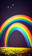 Double rainbow over a field of flowers