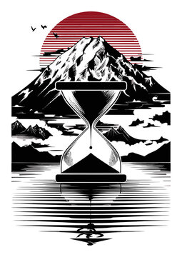 Abstract Hourglass Illustration with Mountain Landscape and Sunset